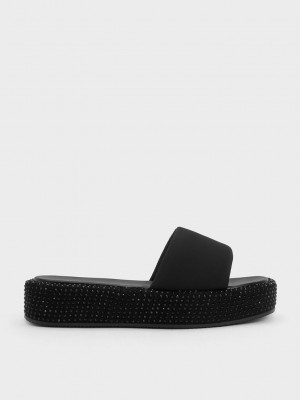 Charles & Keith Crystal-Embellished Nylon Flatform Sandals Schwarz | MAGV20573