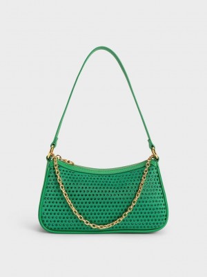 Charles & Keith Crystal-Embellished Satin Shoulder Bag Grün | ANRI20941