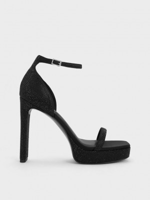 Charles & Keith Crystal Ankle-Riemen Plattform Sandals Schwarz | PZNR37280