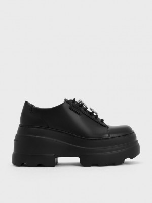 Charles & Keith Crystal Heart-Motif Spitze-Up Oxfords Schwarz | NGPH70561