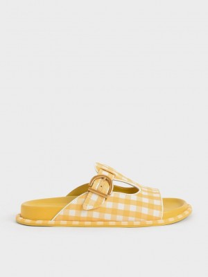 Charles & Keith Cut-Out Linen Gingham-Print Buckled Slides Gelb | XNKJ91285