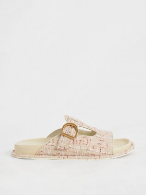 Charles & Keith Cut-Out Tweed Buckled Slides Weiß | CUYQ10367