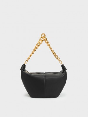 Charles & Keith Daki Chain Handle Hobo Bag Schwarz | OXPJ57928