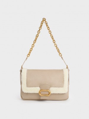Charles & Keith Daki Fur-Trim Belted Trapeze Bag Beige | XLSO91623