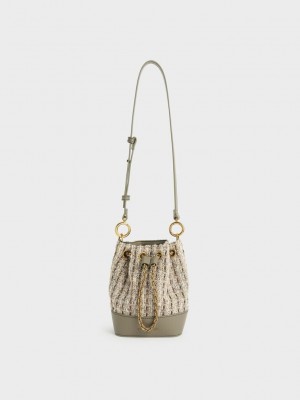 Charles & Keith Dancer Chunky Chain Tweed Bucket Bag Grau Braun | WOLQ70836