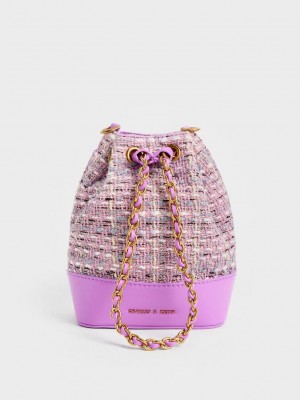 Charles & Keith Dancer Tweed Drawstring Bucket Bag Lila | LNHB27135