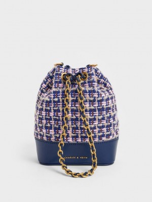 Charles & Keith Dancer Tweed Drawstring Bucket Bag Navy | EXSH10437