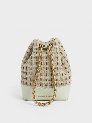 Charles & Keith Dancer Tweed Drawstring Bucket Bag Mintfarben Grün | CRLH67193