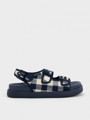 Charles & Keith Della Gingham Buckled Flatform Sandals Dunkelblau | OPTA96087