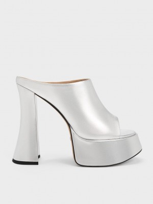 Charles & Keith Delphine Leder Metallic Plattform Mules Silber | GCPI73852