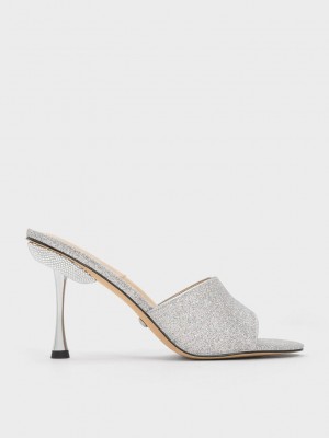 Charles & Keith Demi Glittered Metallic Heel Mules Silber | CBKM92045