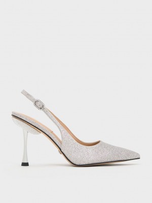 Charles & Keith Demi Glittered Slingback Pumps Silber | CYNQ71403