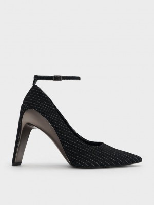Charles & Keith Devon Gestreift Metallic Blade-Heel Pumps Dunkelgrau | SMCU03617