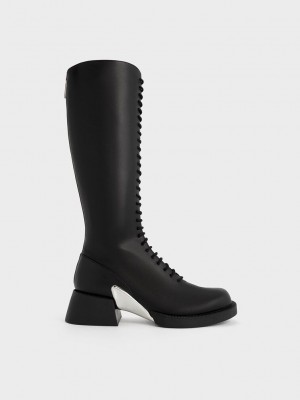 Charles & Keith Devon Metallic-Accent Spitze-Up Knee-High Boots Schwarz | KYIV39786