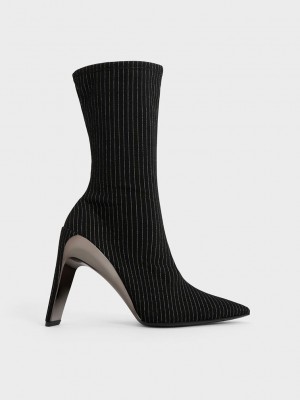 Charles & Keith Devon Metallic Gestreift Blade-Heel Ankle Boots Dunkelgrau | HGPE71856