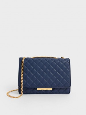 Charles & Keith Double Chain Handle Gesteppt Bag Navy | IBAO73682