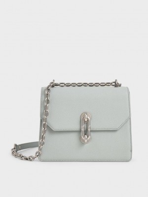 Charles & Keith Double Chain Riemen Turn-Lock Bag Hellblau | OHZV02598