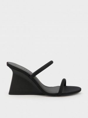 Charles & Keith Double Riemen Wedge Mules Schwarz | QCSX41687