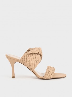 Charles & Keith Double Riemen Woven Absatz Mules Beige | RASV24873