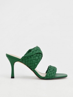 Charles & Keith Double Riemen Woven Absatz Mules Grün | ICPU18327