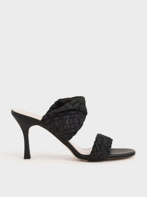 Charles & Keith Double Riemen Woven Absatz Mules Schwarz | XGEH74358