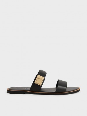 Charles & Keith Dove Metallic Schnallen Badelatschen Sandals Schwarz | APZU10759