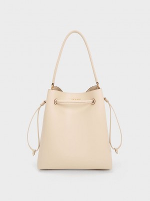 Charles & Keith Drawstring Hobo Bag Beige | DTPL04258