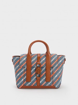 Charles & Keith Dua Gestreift Denim Buckled Trapeze Tote Mehrfarbig | TDHQ36402