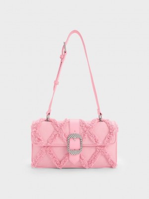 Charles & Keith Eilith Frayed Denim Buckled Bag Rosa | WJAV58461