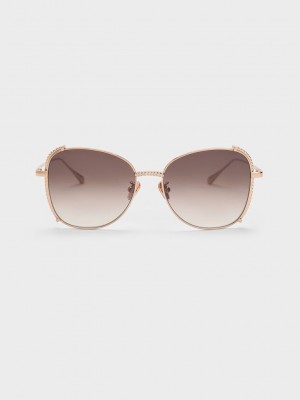 Charles & Keith Embellished Half-Frame Butterfly Sunglasses Rosa Gold | KGAP60915