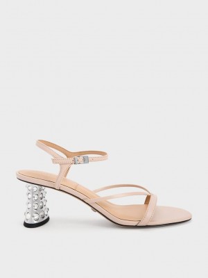 Charles & Keith Embellished Heel Leder Sandals Beige | XBNL19302