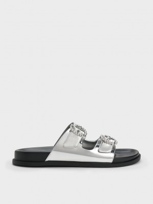 Charles & Keith Embellished Schnallen Metallic Sandals Silber | SJOY60418