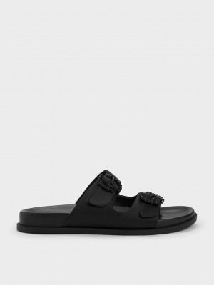 Charles & Keith Embellished Schnallen Recycled Polyester Sandals Schwarz | DBTH01678