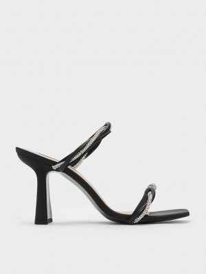 Charles & Keith Embellished Twisted Riemen Satin Sandals Schwarz | EXSQ91602