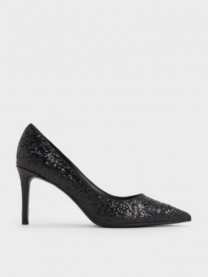 Charles & Keith Emmy Glittered Pointed-Kappe Pumps Schwarz | DQRI82017