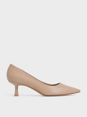 Charles & Keith Emmy Pointed Kitten Heel Pumps Beige | OJUA31094
