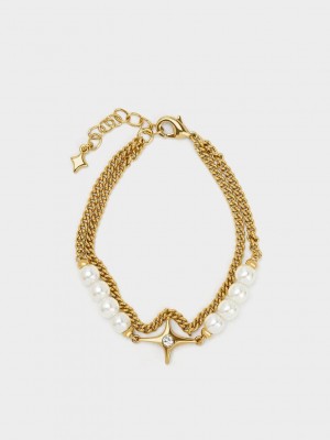 Charles & Keith Estelle Star & Pearls Double Chain-Link Bracelet Gold | GOKM74623