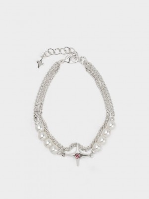 Charles & Keith Estelle Star & Pearls Double Chain-Link Bracelet Silber | UQHJ62758