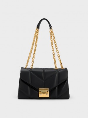 Charles & Keith Eudora Chevron Trapeze Bag Schwarz | CLVZ70594