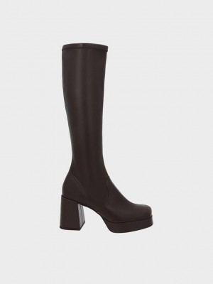 Charles & Keith Evie Plattform Block-Heel Knee-High Boots Dunkelbraun | KHFQ48916