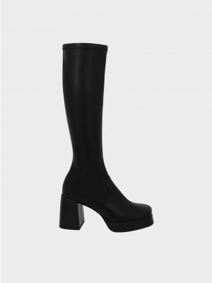 Charles & Keith Evie Plattform Block-Heel Knee-High Boots Schwarz | XFJG67495