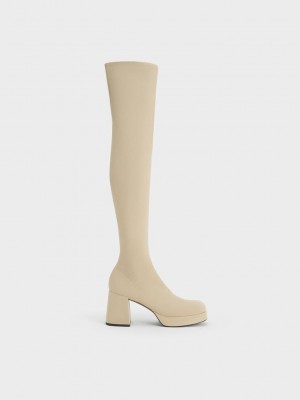 Charles & Keith Evie Textured Plattform Thigh-High Boots Beige | JKTS79381