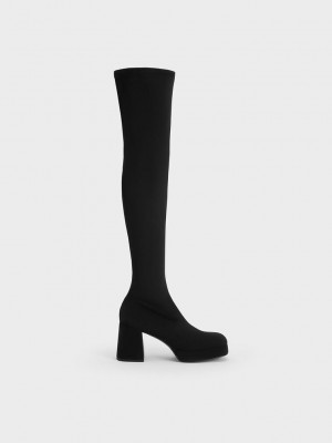 Charles & Keith Evie Textured Plattform Thigh-High Boots Schwarz | VACB29830