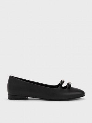 Charles & Keith Floral Beaded Bow Ballerinas Schwarz | ZMQE80632