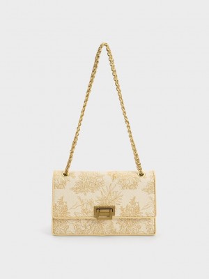 Charles & Keith Floral Illustrated Canvas Shoulder Bag Beige | GORZ39784