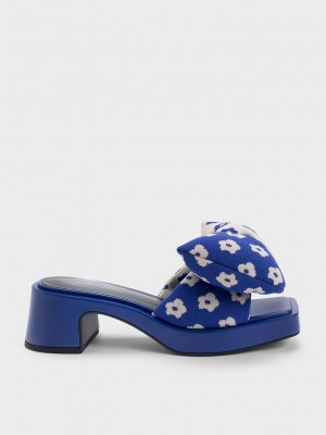 Charles & Keith Floral Puffy Bow Absatz Mules Blau | UFAI02587