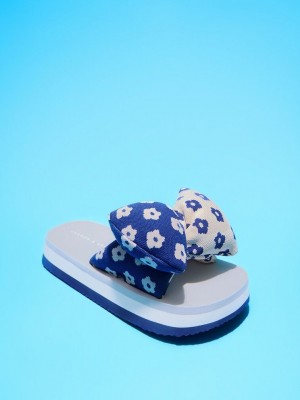Charles & Keith Floral Puffy Bow Slides Blau | MBWA25907