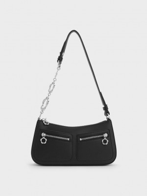 Charles & Keith Flower-Embellished Shoulder Bag Schwarz | CAKW16308