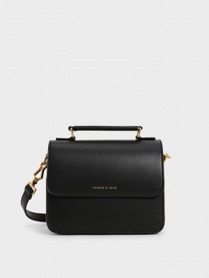 Charles & Keith Front Flap Top Handle Crossbody Bag Schwarz | TOGC26451