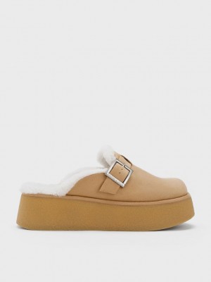 Charles & Keith Fur-Gefütterte Buckled Flatform Mules Braun | YWVS80921